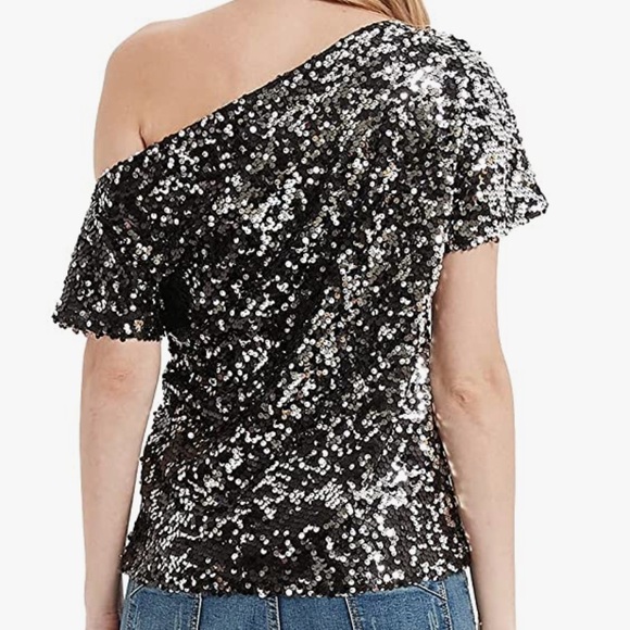 Anna-Kaci Sequin Top Black & Silver Medium Off One Shoulder Loose Fit - Picture 2 of 7